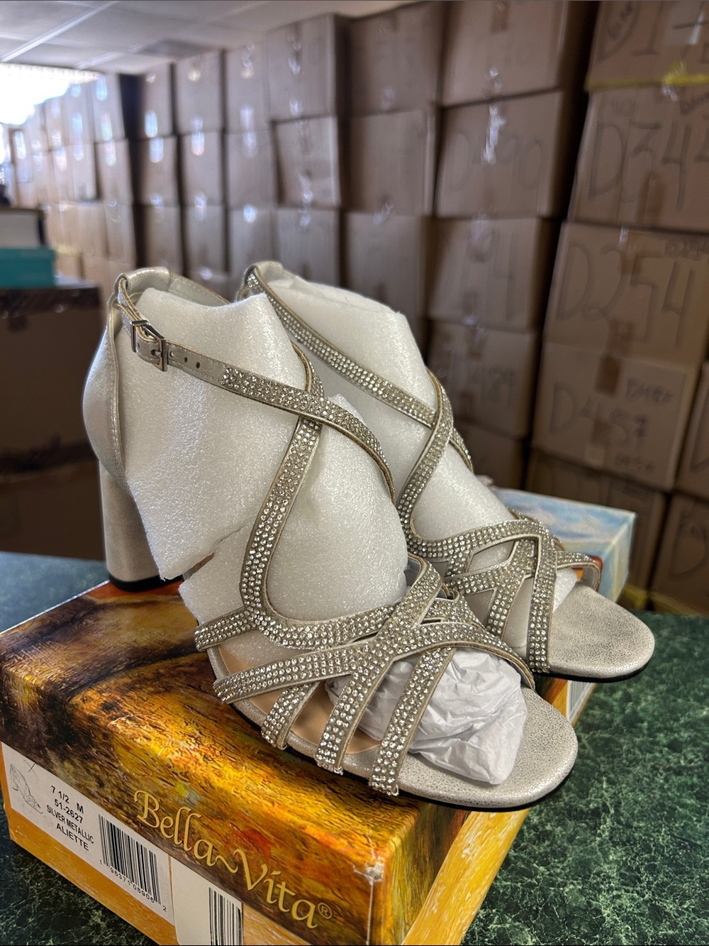 Bella Vita Silver Rhinestone Strappy Block Heel Sandals